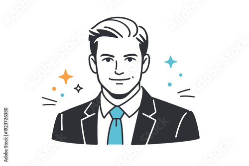 Entrepreneur portrait close-up. A focused entrepreneur looks directly at the viewer with a confident smile, abstract stars and dots around