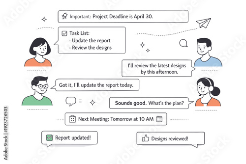 Team chat communication culture. Structured team conversation with pinned messages, task references, and calm discussion flow. Organized and