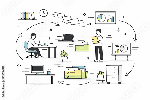 Endless reorganization. Office elements like desks, files, and screens shifting positions repeatedly, guided by looping arrows and subtle motion lines. The