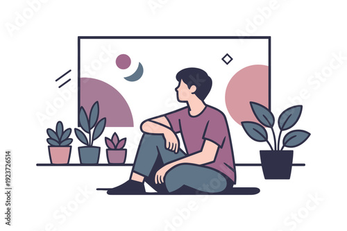 Home calm. Person seated by a window with plants lined up, quiet posture and soft shadows