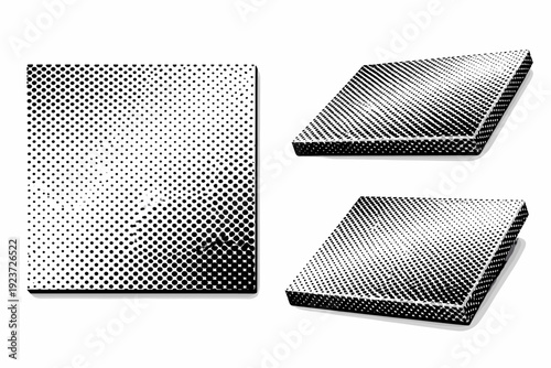 Classic dotted pattern tile depicted as a single surface object shown in flat front view, angled edge view, and three-quarter view to