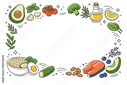 Healthy food ingredients compositions. Clean editorial scene with fresh produce and herbs forming a soft frame around empty space. Natural,