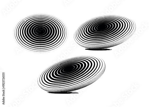 Halftone Circle Waves. Halftone radial circle waves A radial circle wave object displayed in straight-on view, rotated view, and three-quarter view with evenly