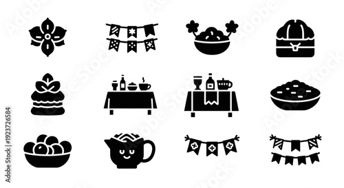 Traditional bavarian festival icons: food, decorations, and table settings in bold silhouette style