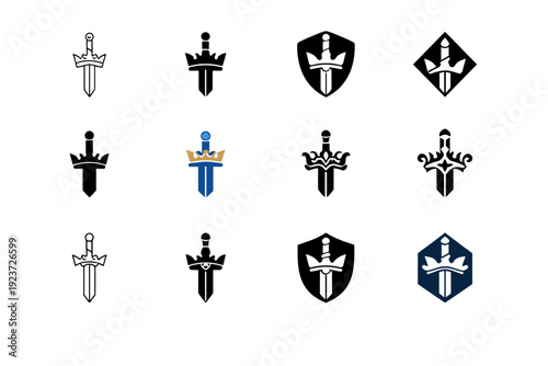 charming princes. Icon set. Set Logo of charming princes: princely sword with ornate hilt. harmonious logo variations of the same emblematic