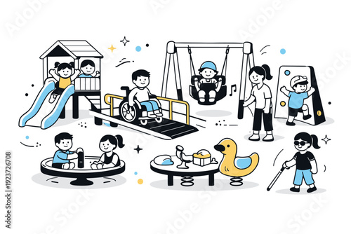 Universal design for children. Playground elements designed for different ages and abilities used side by side. Balanced layout showing
