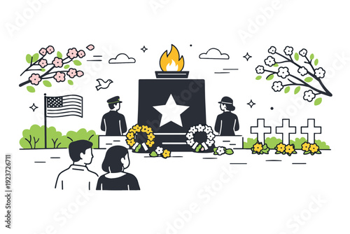 Spring national remembrance illustration. A peaceful scene of a memorial space surrounded by fresh greenery and spring blossoms. The illustration conveys