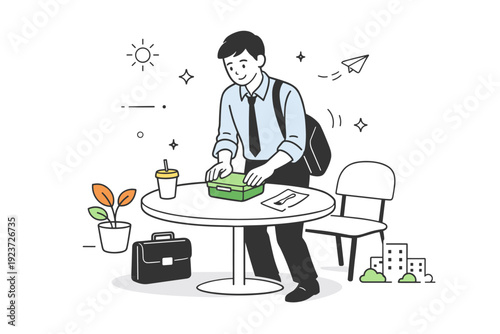 Lunch breaks outdoors. Someone finishing lunch at an outdoor table, closing a container and standing up slowly. A calm transition back to