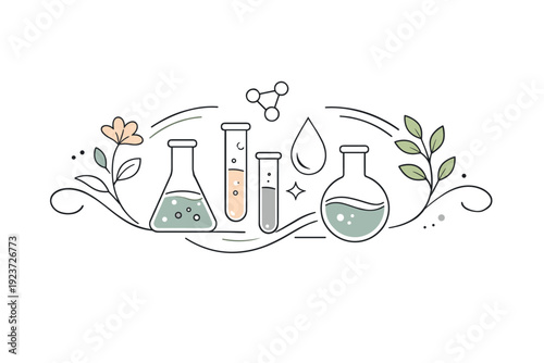 Cosmetic research visual. Abstract lab icons like flasks and droplets merged with floral curves, showing balance between nature and science. Gentle and