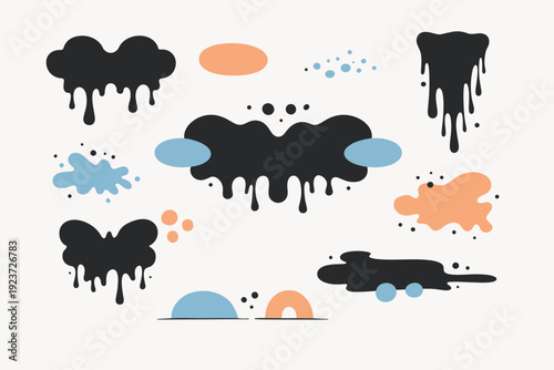 Ink blot editorial pattern. Refined ink blot motifs arranged in a magazine-style layout, blending spontaneity with order. Calm, modern