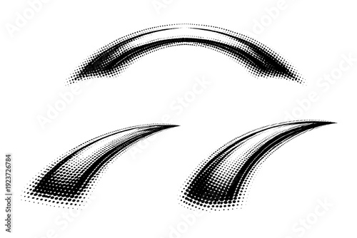 Comic halftone motion arc element A curved motion arc element indicating directional movement presented in front view, side view, and