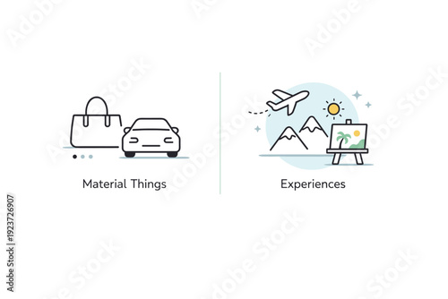 Minimalist lifestyle preference. A clean layout with two side-by-side icons: one showing physical goods like a bag or car, and the other
