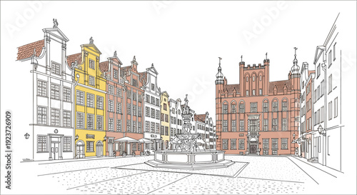 Historic european square with colorful buildings and fountain in linear style