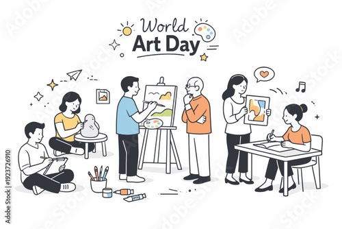 World Art Day. People calmly creating and appreciating art together, painting, sketching, and shaping ideas in a shared creative space. A