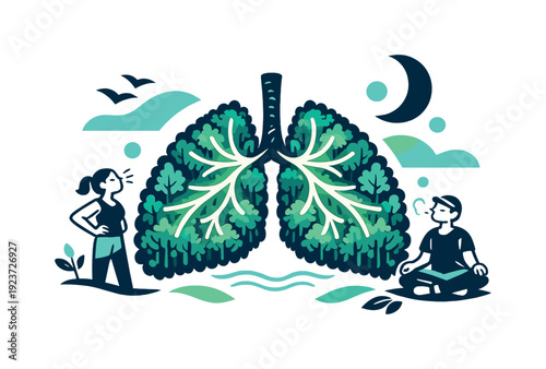Breath of nature. Aerial view of a forest arranged as lungs, light paths glowing like