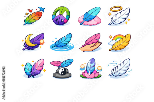 Symbolic Feathers. Colorful isometric vector icons set of Symbolic Feathers: freedom feather, peace symbol feather, lightness concept, purity