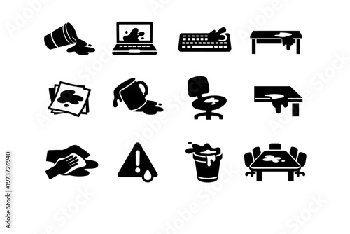 Coffee Spill - workplace. Solid icon set of Coffee Spill - workplace: spilled takeaway cup, laptop splash, keyboard spill, office desk