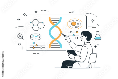 Synthetic biology concept. A clean editorial scene showing a scientist calmly working with abstract DNA strands and molecular shapes on a