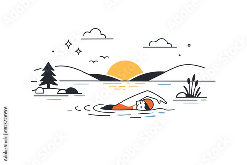 Swimming in natural lakes. Evening lake swim with smoother water and slower movement, atmosphere becoming quieter. Gentle closing moment of