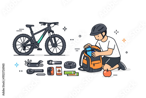 Trail Prep Essentials. Mountain biking trail preparation ? Packing essentials for the trail. Backpack with water bottle, tools, and snacks, bike nearby,