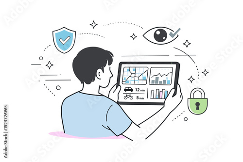 Urban mobility data transparency. A person reviewing city mobility data dashboards on a tablet with visible privacy icons, abstract stars and