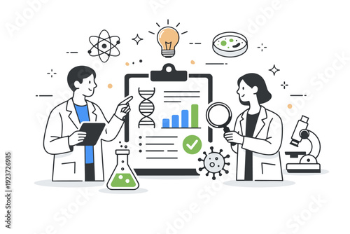 Innovation in medical research. Researchers analyzing test results and sample icons together, suggesting discovery and progress. The mood is