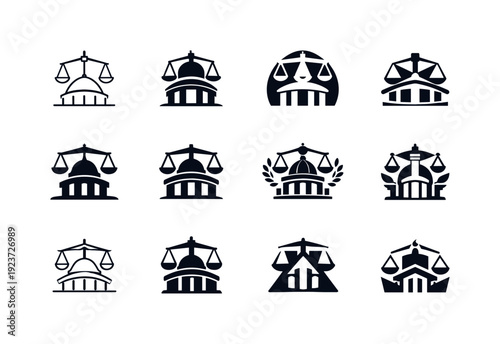 Collection of justice and law icons featuring scales of justice and courthouse buildings