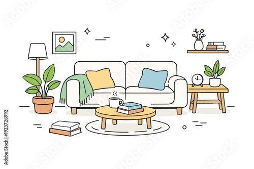 Cozy lifestyle home scene. A minimal living room with a sofa, cushions, plants, and books, expressing comfort and personal space. Calm,