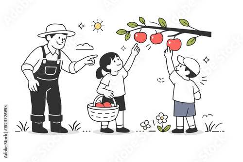 Parents teaching children about nature. A farmer calmly guiding children as they reach for apples on a low tree branch. The mood is