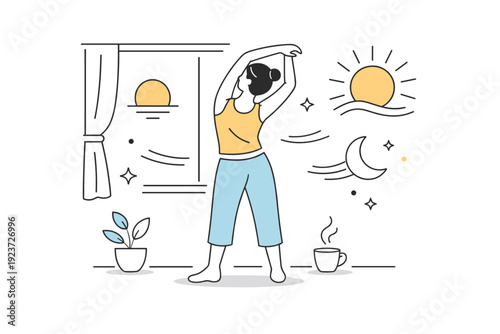 Mindfulness and slow moments. Person stretching gently near a window, slow movement and body awareness. Sun or moon shapes and smooth motion