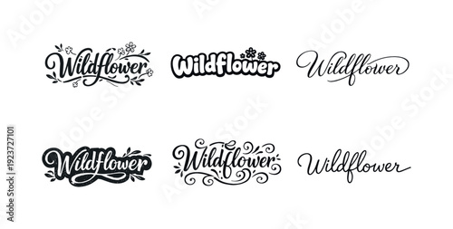Collection of six unique "Wildflower" text logos with decorative elements