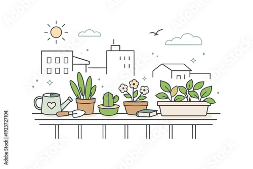 Urban garden corner. A small balcony or windowsill with potted plants overlooking simple city shapes. Care, calm routine, and everyday green