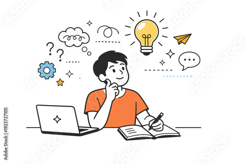 Creative problem-solving moments ? Individual having a breakthrough idea. Person sitting at a desk with a laptop and notebook, light bulb