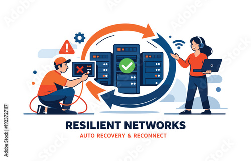 Resilient Network Recovery. Resilient networks. Servers reconnecting automatically after disruption, arrows