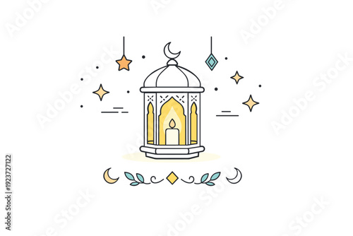Spiritual evening lights. A single glowing lantern centered with subtle decorative patterns and floating stars. Calm, reflective mood inspired by Ramadan