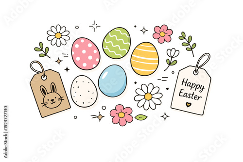 Spring seasonal holiday flatlays ? Easter-inspired flatlay with painted eggs, simple flowers, and gift tags. Soft playful atmosphere, gentle