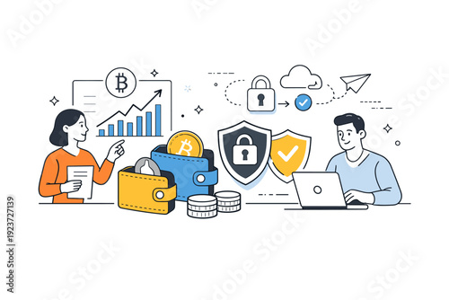 Cryptocurrency. Clean modern scene with simplified charts, wallets, and secure connection icons suggesting safe digital asset management.