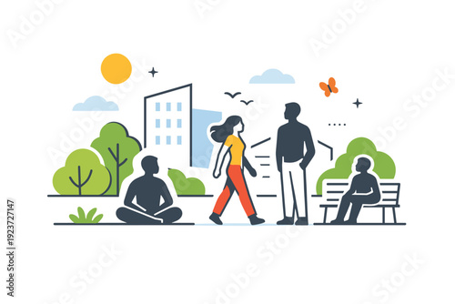 Spring urban lifestyle minimal people silhouettes enjoying sunlight near modern buildings and greenery, reflecting wellbeing, openness and