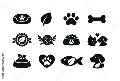 Sustainable pet products. Filled icon set of Sustainable pet products: pet bed, plant leaf,