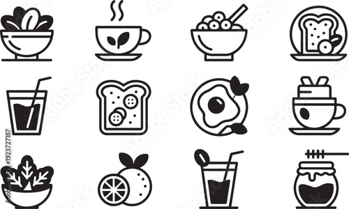 Collection of hand drawn breakfast food and drink items isolated on transparent background