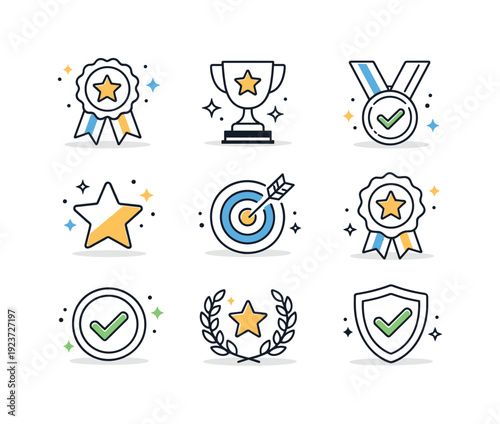 Collection of achievement and success icons including trophies, medals, stars, and targets