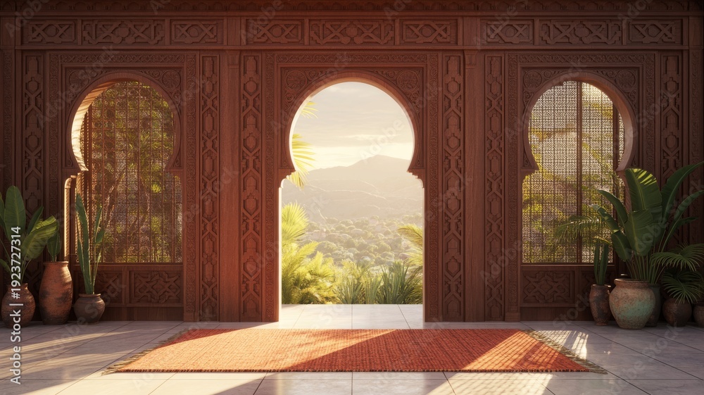 Fototapeta premium A beautifully designed architectural space featuring intricate arches, lush plants, and a scenic view of mountains bathed in warm light.