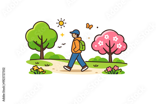 Spring park walk a person strolling along a quiet park path lined with fresh trees and early blossoms, capturing a calm moment of relaxation