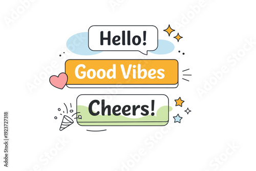 Greeting text illustration. A clean editorial scene with friendly typography blocks and soft decorative shapes around short greeting words,