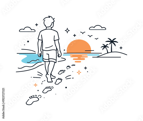 Man walking on beach leaving footprints towards a tropical island sunset