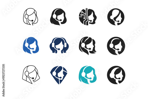 Using a virtual assistant avatar. Icon set. Set Logo of Using a virtual assistant avatar: AI assistant face avatar. harmonious logo variations of the same
