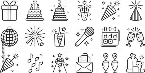 Collection of hand drawn celebration and party icons isolated on transparent background