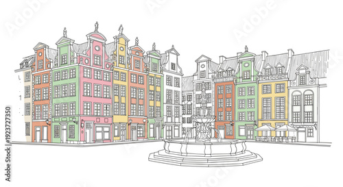 Colorful european town square with classic architecture and fountain