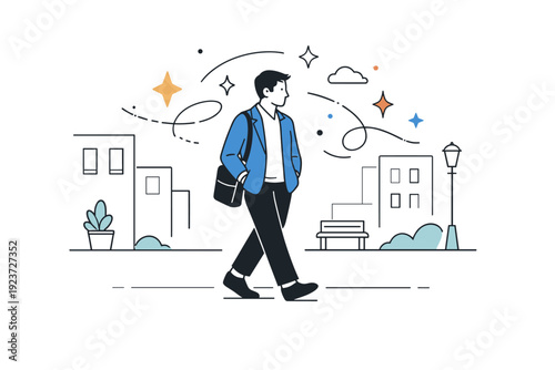 Reflective walk before work. A commuter walks along a quiet sidewalk near buildings, hands in pockets, with abstract stars and