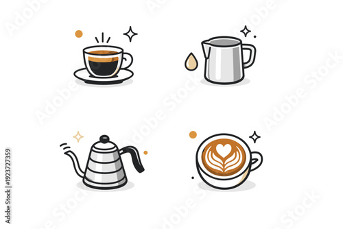 Hot drink symbols. Minimal icons such as espresso shot, milk jug, kettle, and latte art arranged in a clean layout, showing variety and craft